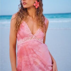 LoveShackFancy Pink Tie-Dye Lace Chemise